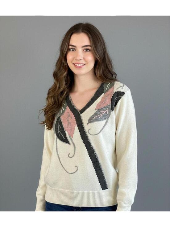 Dana Scott Sweaters - Vintage Dana Scott Grandmacore Floral Embroidered V-Neck Knit Sweater Medium
